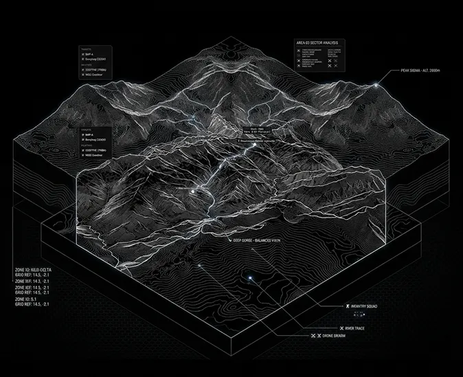 Isometric contour map of a mission sector with annotated terrain and units.