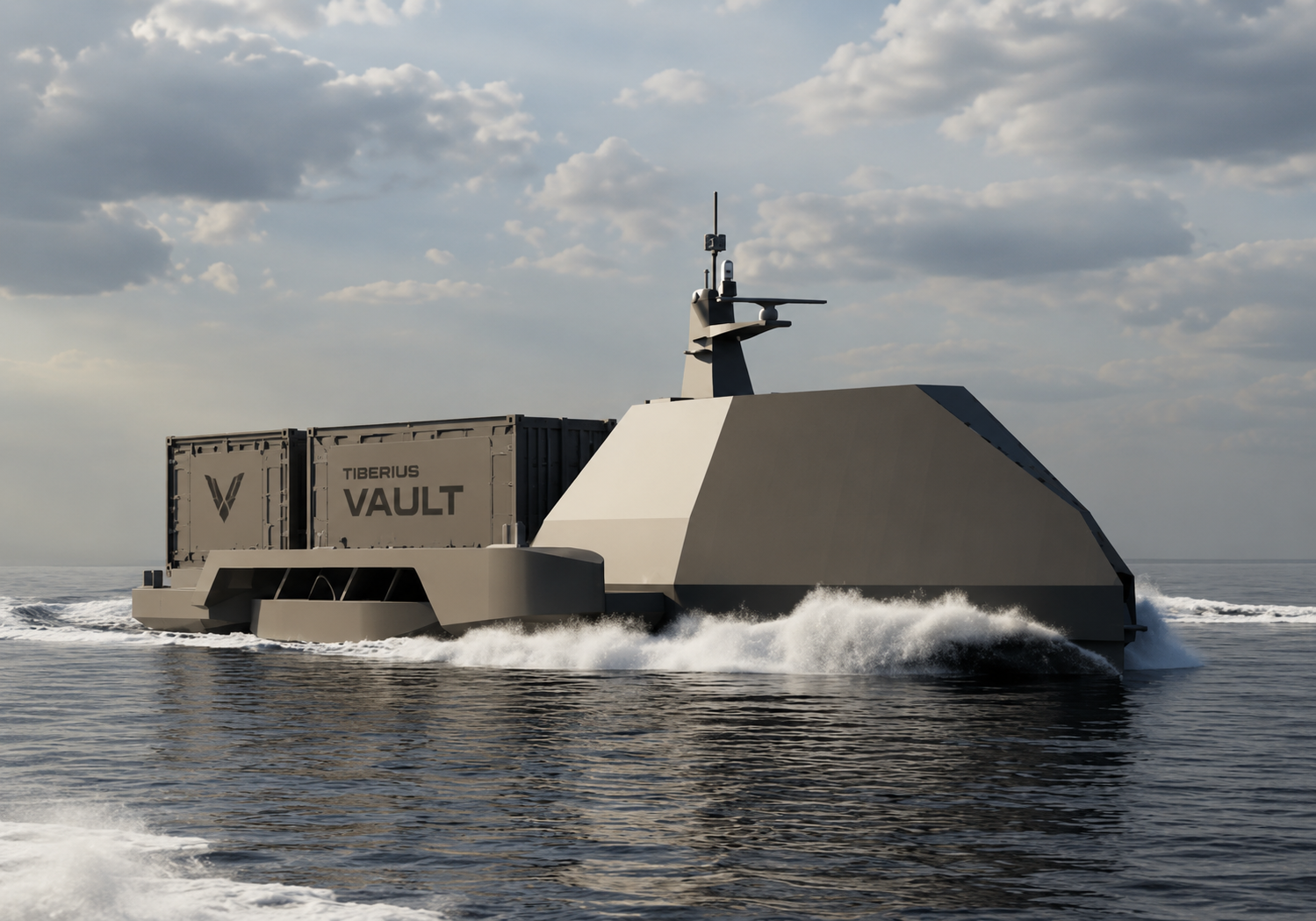 Two Tiberius Vault containers on a desert flightline at dusk